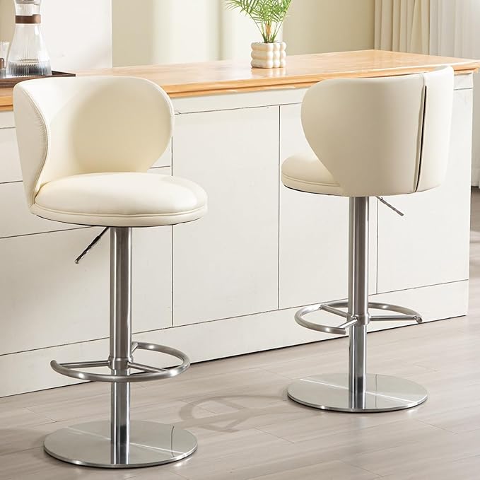 Stainless Steel Bar Stools,Grade Modern Leather Bar Chair with Backrest,Swivel Adjustable Height for Kitchen Counter and Dining Room (White Leather-1pc)