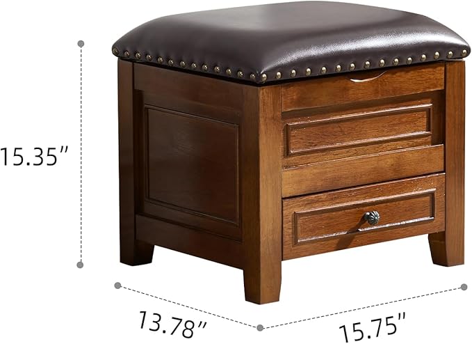 Storage Ottoman with Drawer, Microfiber Leather Padded Top Foot Rest Stool with Nailhead Trim for Bedroom Living Room
