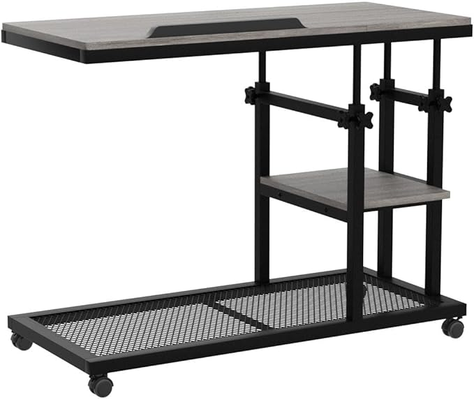 Tribesigns Height Adjustable C Table with Wheels, Mobile Couch Snack Side Table with Tiltable Drawing Board, Sofa Bedside Laptop Stand C Shaped TV Tray with Storage Shelves (Grey)