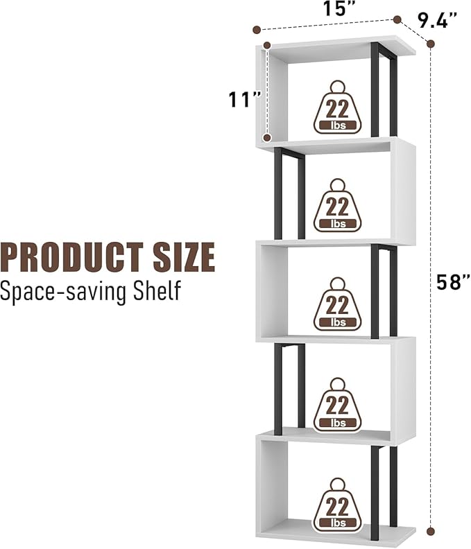 Gadroad 5-Tier Bookshelf, Narrow S-Shaped Geometric Bookcase, Wood Decorative Storage Shelving, Modern Freestanding Display Shelves, Book Shelf Unit for Living Room Bedroom Home Office, White