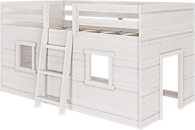 Max & Lily Modern Farmhouse Twin Low Loft Bed with Two Windows - Solid Wood, 15” Guardrails, 400-lb Capacity, Low-VOC Finish, White Wash