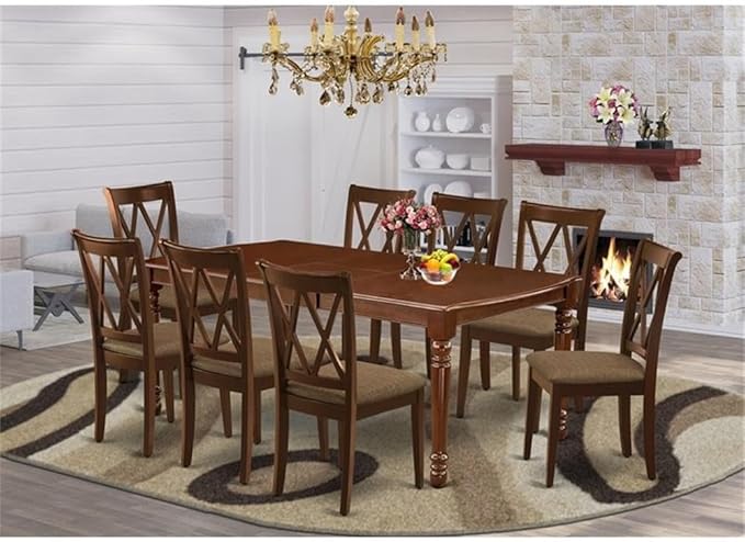 East West Furniture DOCL9-MAH-C 9 Piece Kitchen Table & Chairs Set Includes a Rectangle Dining Table with Butterfly Leaf and 8 Linen Fabric Dining Room Chairs, 42x78 Inch, Mahogany