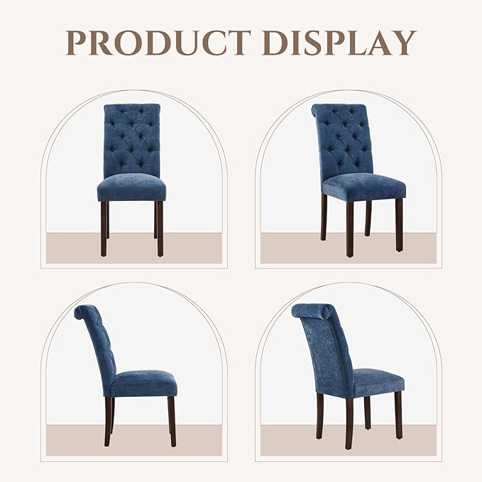 COLAMY Button Tufted Dining Chairs Set of 6, Parsons Upholstered Fabric Dining Room Chair Kitchen Chairs with Wood Legs and Padded Seat, Blue