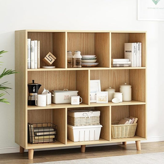IOTXY Open Cube Low Bookcase - 3-Tier Freestanding Storage Display Cabinet Organizer with Legs for Home Office, 8-Cubes Open Shelf Short Bookshelf, Oak