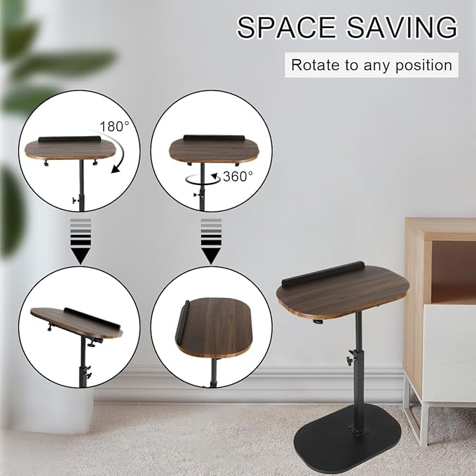 Comeon C-Shaped Tv Tray Pedestal Side Table, End Table Adjustable Height in Couch Living Room or Bedroomwith 360° Rotating Top for Small Spaces Bedside Night Stand Bedside Snack (Walnut)