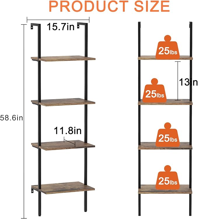 Ladder Shelf 4 Tiers Metal Industrial Bookshelf,Brown Wood Tall Open Storage Rack and Display Shelves,Wall Mount Wide Book Case for Home Office Bedroom,Small