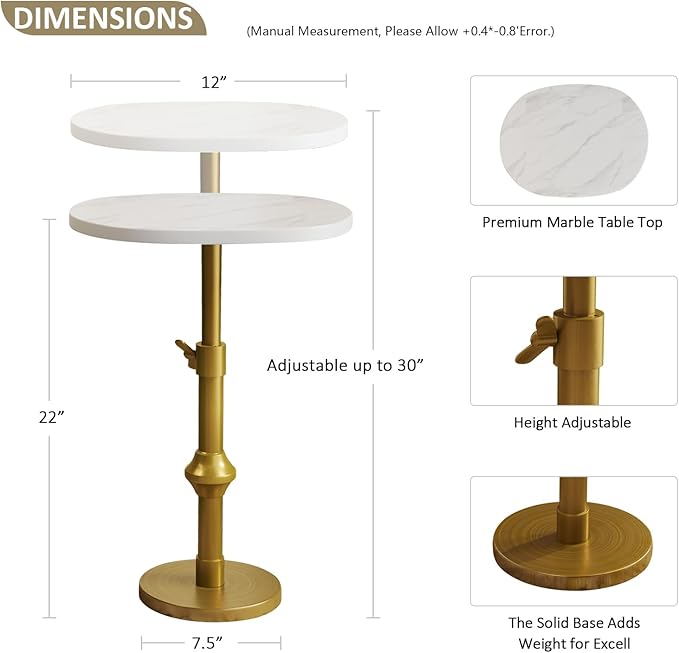 Marble Drink Table, 10"x12"x(22“~30") Martini Table with Metal Antique Brass Adjustable Stand Base, Drink Tables for Small Spaces, Living Room, Bedroom, Or Office (White)