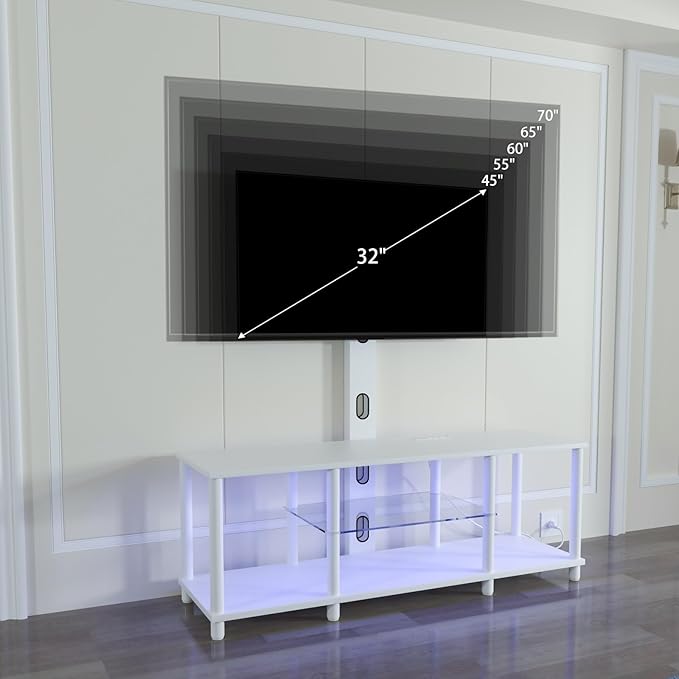 TV Stand with Mount and Led Light，White TV Stand with Power Outlets for 32/40/43/50/55/60/65/70 Inch TV,Entertainment Center with Open Storage Shelf for Bedroom/Living Room/Office