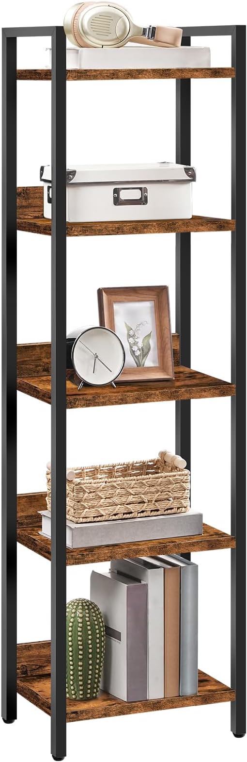 Bookshelf, 5-Tier Bookcase, Standing Book Shelf for Small Space, Storage Shelf Organizer, for Living Room, Bedroom, Study, Balcony, Rustic Brown and Black BKHR5501