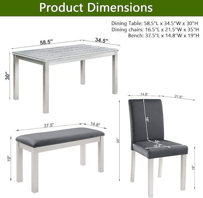 soges 6 Piece Wooden Dining Table Set, Wooden Dining Table with 4 Upholstered Chairs and Bench for 6 People, Rectangular Dining Table Set with Crystal Decoration for Kitchen, Dining Room, Silver Grey