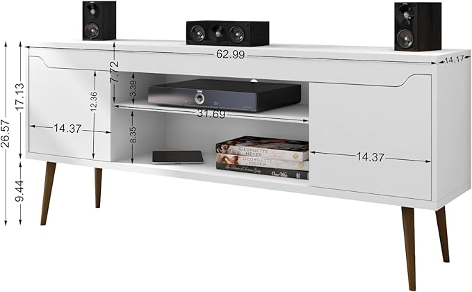 Manhattan Comfort Bradley Mid Century Modern TV Stand for Televisions up to 60 Inches, Living Room Entertainment Center with Storage, Media Shelves and Soft Close Doors, White