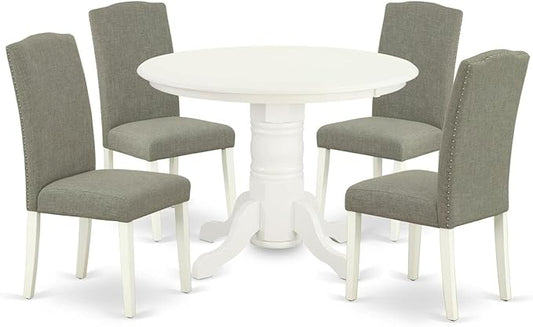 East West Furniture SHEN5-LWH-06 5 Piece Kitchen Table Set Includes a Round Dining Room Table with Pedestal and 4 Dark Shitake Linen Fabric Upholstered Chairs, 42x42 Inch, Linen White