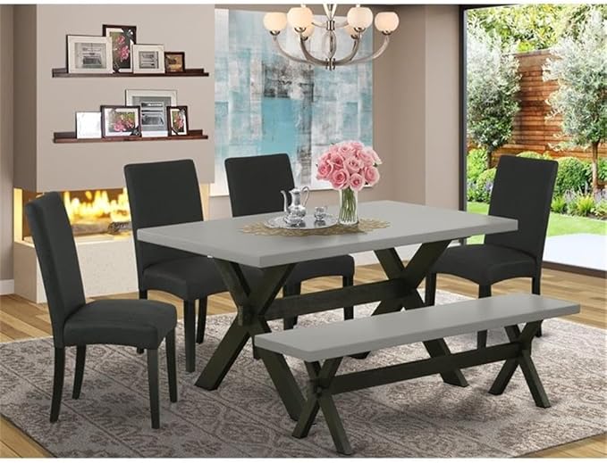 East West Furniture X696DR124-6 6 Piece Dining Set Contains a Rectangle Dining Room Table with X-Legs and 4 Black Color Linen Fabric Parson Chairs with a Bench, 36x60 Inch, Multi-Color