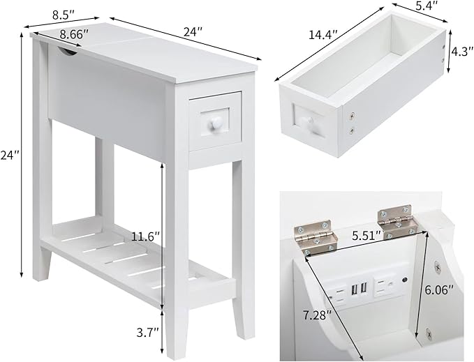 White End Table with Movable Top and Charging Station, Narrow Side Table with Storage Cabinet and USB, Sofa Table for Living Room Bedroom,White Side Table with Charger