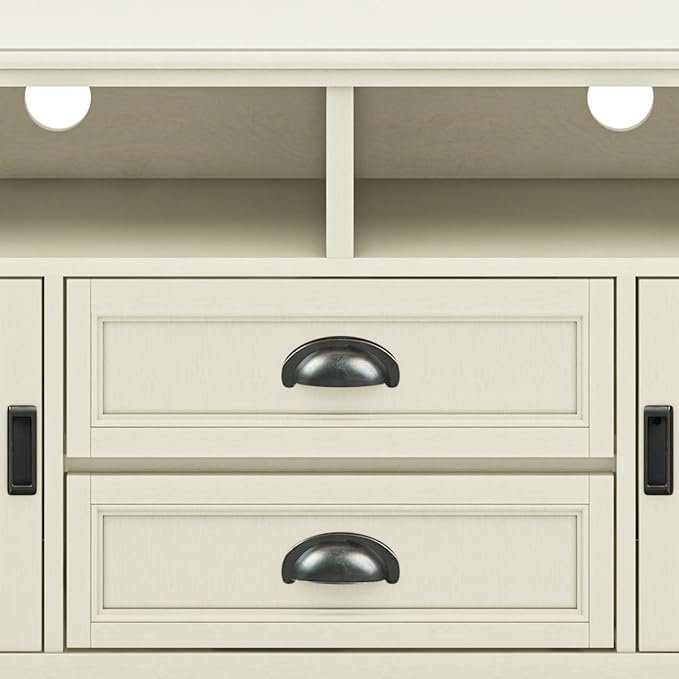 SIMPLIHOME Burlington SOLID WOOD 72 Inch Wide Transitional TV Media Stand in Antique White for TVs up to 80 Inches, For the Living Room and Entertainment Center
