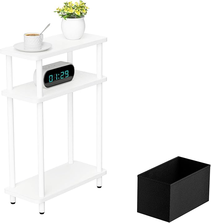 Narrow Side Table with Fabric Basket, 7" Wide, 3 Tier Skinny End Table with Wood Legs, Slim Nightstand/Bedside Table for Small Spaces, with Adjustable Feet, 15.7" L x 23" H, White