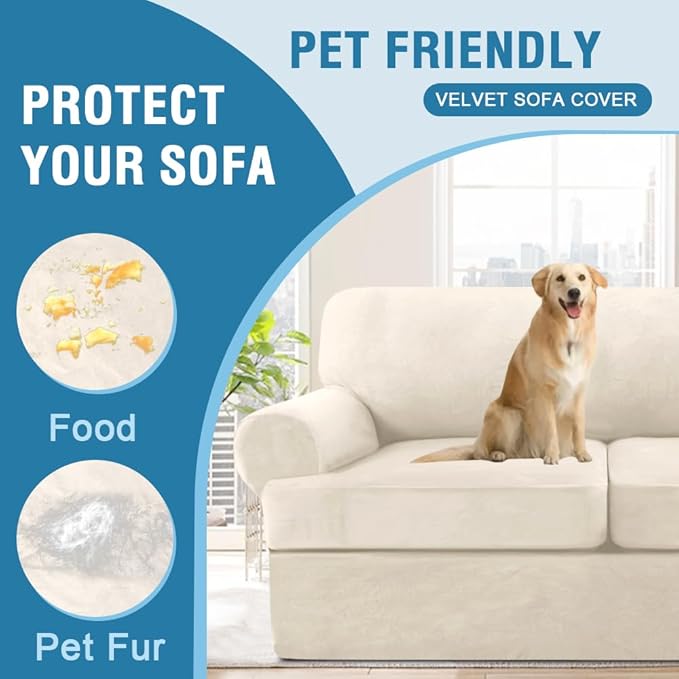 H.VERSAILTEX Sofa Cover 4 Piece T Cushion Sofa Slipcovers Couch Cover Furniture Protector Stretch T Cushion Sofa Covers for 3 Cushion Couch with 3 Individual T Cushion Covers, Ivory