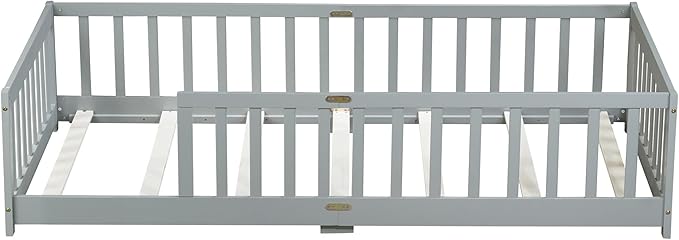 Bellemave Twin Floor Bed with Slats and Safety Guardrails, Kids Montessori Floor Beds with Fence and Without Door, Easy Assemble Floor Bed for Kids, Girls, Boys, Gary