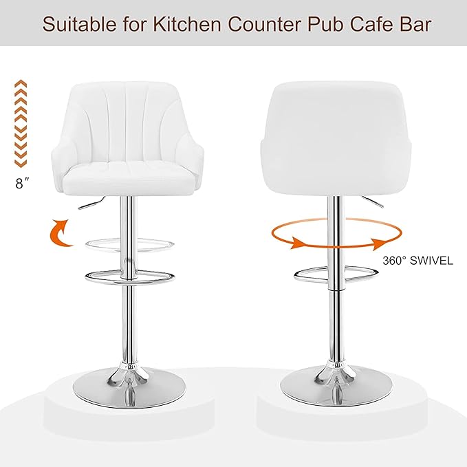 VECELO Bar Stools Set of 2, Adjustable Barstools, Counter Height Stools with Back and Arm, Kitchen Island Stools, Swivel PU Leather Stools, Modern Style, White