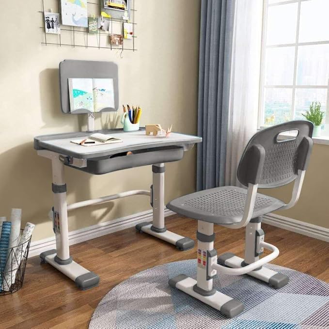 Kids Desk and Chair Set, Height Adjustable Children School Study Desk with Tilt Desktop, Bookstand, LED Lamp, Metal Hook and Storage Drawer for Boys Girls, Grey