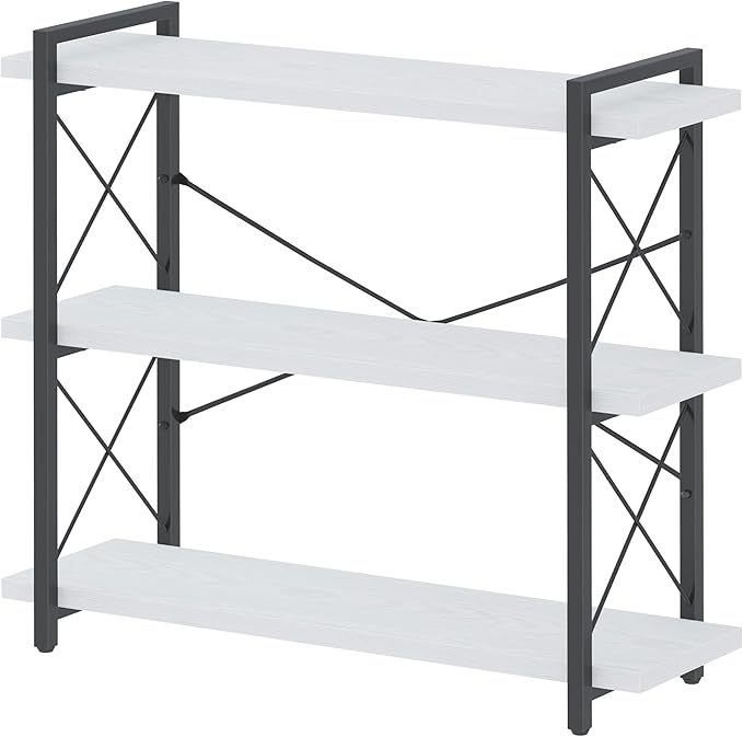 HCHQHS Bookshelf, 3-Tier Industrial Bookcase, Open Book Shelf, Freestanding Horizontal Bookshelves with Metal Frame