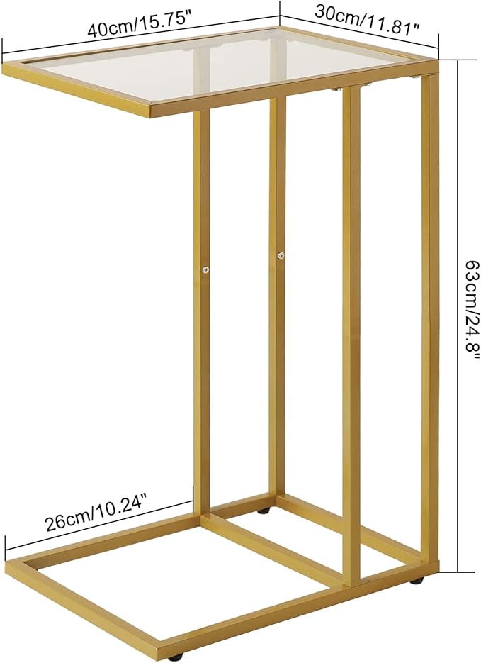 YMYNY C-Shaped End Table, Tempered Glass Sofa Side Table, nightstand for Small Place,Coffee Table for Hallway Office Bedroom Living Room, Metal Frame, Gold, 24.8 * 15.75 * 11.8" UHGD001G