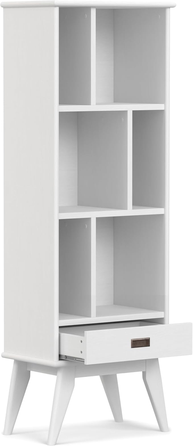 SIMPLIHOME Draper Solid Hardwood 64 inch x 22 inch Mid Century Modern Bookcase and Storage Unit in White for The Living Room, Study Room and Office