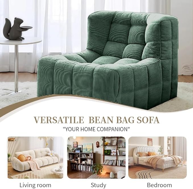 Bean Bag Chair - Memory Foam Bean Bag Chair for Adults, Comfy High-Resilience Single Sofa, Small Space Floor Chair, Chaise Lounge for Living Room, Bedroom (Dark Green, Square)