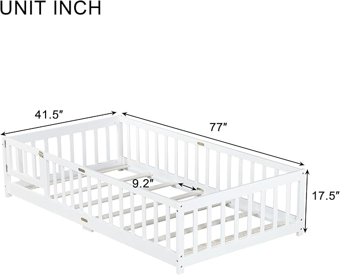 Twin Floor Bed Frame with Slats and Safety Guardrail, Wood Twin Size Montessori Floor Bed with Door and Fence, Easy Assemble Montessori Beds for Kids, Girls, Boys, White