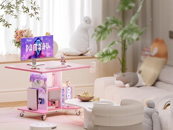 Pamray Small Rolling Gaming Desk with Led Lights Power Outlets and Storage Pegboard, Small Spaces Compact PC Computer Table Pink
