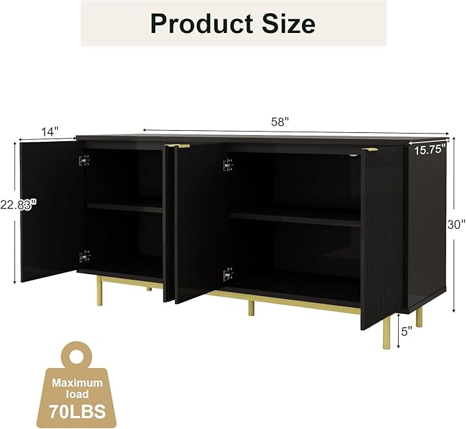 Vipbear Modern TV Stand for 65 Inch TV,Entertainment Center with Storage Cabinets and Adjustable Shelves, Media Console Table, Wood Television Furniture for Living Room, Bedroom, Black