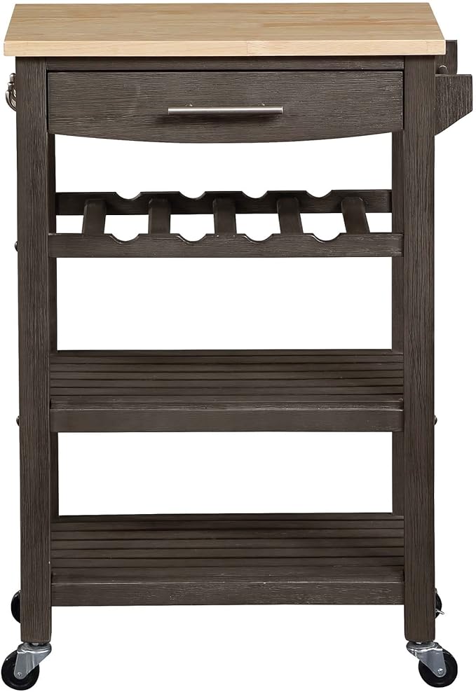 Convenience Concepts Ellaine 4 Tier Kitchen Cart with Drawer and Wine Rack, 24.75 x 16.5 x 34.5, Wirebrush Dark Gray/Butcher Block