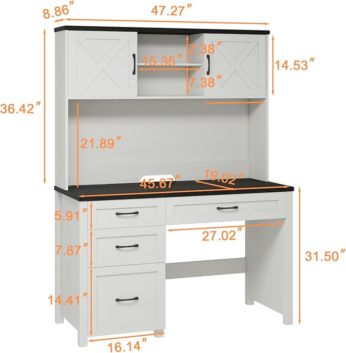 Farmhouse 67" H Executive Desk with Hutch,Office Table with 4 Drawers and LED Light, Computer Desk with Storage Cabinet & File Drawers and Charging Station, Wood Workstation for Home Office,Study