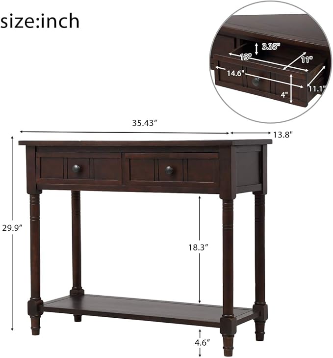 Merax Modern Wood Narrow Console Table for Entryway Hallway Front Door SideTable with Drawers and Bottom Shelf Espresso
