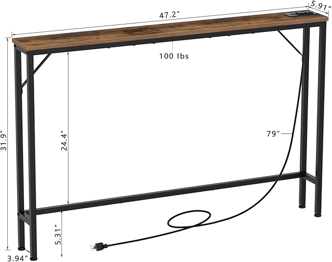 Tohomeor 5.9" Skinny Behind Sofa Console Table with Charging Station 47.24" Narrow Long Behind Couch Table with Power Outlets USB Ports Thin Entry Table for Entryway Living Room Hallway
