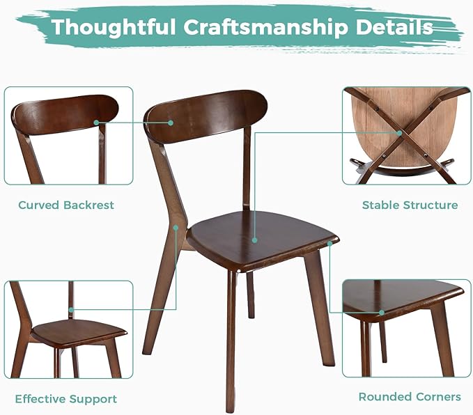 Solid Wood Dining Chairs Set of 4, Farmhouse Kitchen Chairs with Oak Backrest, Wooden Dining Room Chairs for Dining Room, Living Room, Non-Slip Foot Pads, Walnut