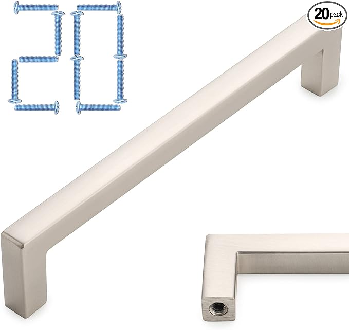 KOOFIZO 20-Pack Solid Square Bar Cabinet Handle - Brushed Nickel Furniture Pull, 5 Inch/128mm Screwhole Distance for Kitchen Cupboard Door, Bedroom Dresser Drawer, Bathroom Wardrobe Hardware