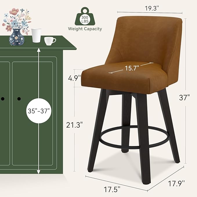 Vipbear Swivel Counter Height Bar Stools Set of 4,26.8" H Counter Stools with Back, Mid Century Modern Bar Stools for Kitchen Island,Faux Leather,Wooden Base, Brown