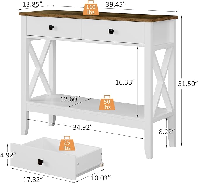 Console Table,Sofa Table 13.8" D x 39.37" W x 31.5" HEntryway Table with 2 Drawers Storage Shelve Foyer Table for Entryway Farmhouse Hallway Tables (White)