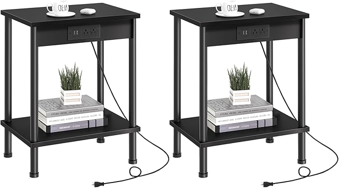 End Table with Charging Station,Small Side Table,2-Tier Nightstand with Storage Shelf,Sofa Bedside Table for Small Spaces in Living Room,Bedroom,Office,Easy Assembly,Black