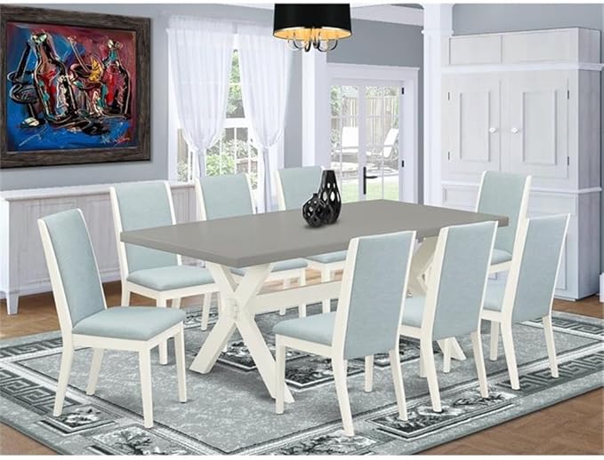 East West Furniture X097LA015-9 9 Piece Kitchen Table Set Includes a Rectangle Dining Table with X-Legs and 8 Baby Blue Linen Fabric Parsons Dining Chairs, 40x72 Inch, Multi-Color