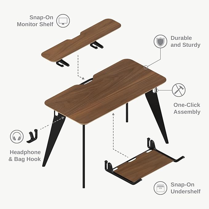 HOEK Dorm Room Desk Bundle, 47.5" x 23", Folding Student Study Desk with SNAP Assembly, Monitor Shelf, Under Shelf, Side Hook and Wall Cleat, Compact Space-Saving Table for School (Walnut/White)