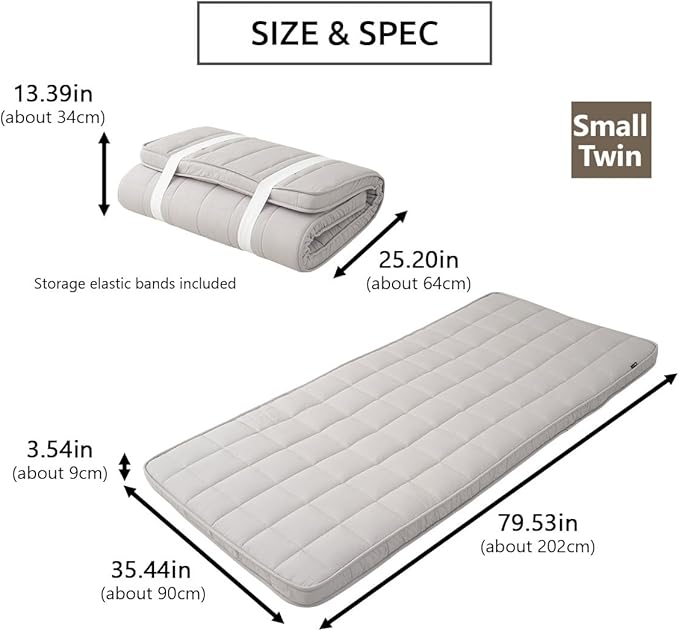 EMOOR Japanese Padded Futon Mattress Machi Small-Twin Gray, Gusset Foldable Storable Elastic Bands Floor Sleeping Guest Bed Tatami Mat
