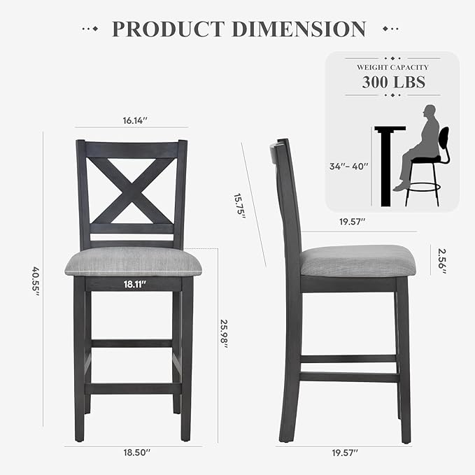COLAMY Wooden Bar Stools Set of 4, Counter Height Bar Stools, Mid Century Modern Bar Stools with Backs, 25 Inch Upholstered Fabric Wooden Barstools for Kitchen Island Dining Room Bar, Dark Grey