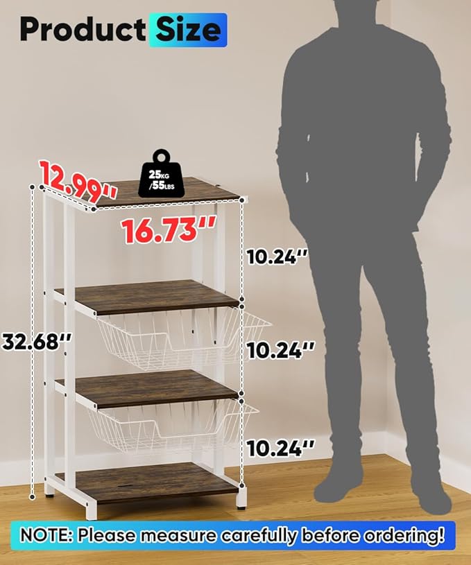 Media Stand with Two Detachable Baskets, 4-Tier AV Media Stand Corner Shelf for DVD Players/Cable Boxes/Games Consoles, Audio Storage Rack for Living Room, Gaming Room, Music Studio, White