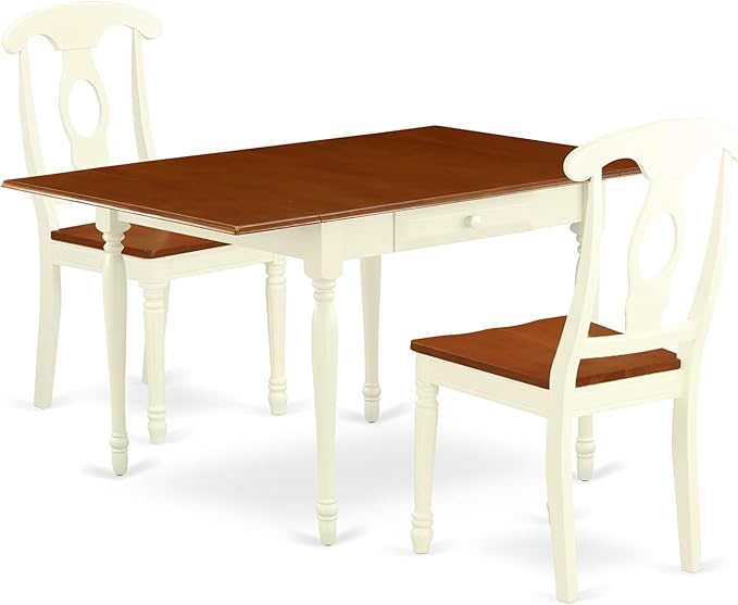 East West Furniture MZKE3-WHI-W 3 Piece Dining Table Set for Small Spaces Contains a Rectangle Dining Room Table with Dropleaf and 2 Wood Seat Chairs, 36x54 Inch, Buttermilk & Cherry