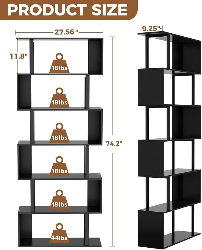 Gadroad 6 Tier Geometric Bookcase, Black Book Shelves, Modern Corner Bookcase Storage Shelf Wood for Bedroom, Living Room, Home Office, Black