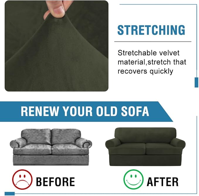 H.VERSAILTEX Sofa Cover 3 Piece T Cushion Loveseat Slipcovers Thick Velvet Couch Cover Stretch T Cushion Sofa Covers for 2 Cushion Couch with 2 Individual T Cushion Covers, Olive