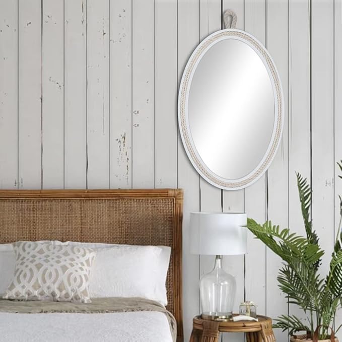 Farmhouse Wall Mirror Rope Mirror Decorative Mirror with Hanging Loop,Beach Nautical Mirror ,24 inches Lx16 inches W,Oval, White, Oval 24 inches Lx16 inches W