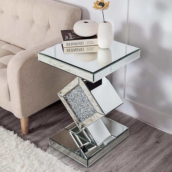 SHYFOY Mirrored End Table, Mirror Accent Side Table with Crushed Crystal Diamond, Finished Small Coffee Table, Glass Bedside Lamp Table, Silver Modern Style Decor for Living Room, Balcony, Bedroom